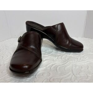 Clarks Bendables Brown Leather Mules Clogs Side Buckle Wedge Shoes Womens 7M